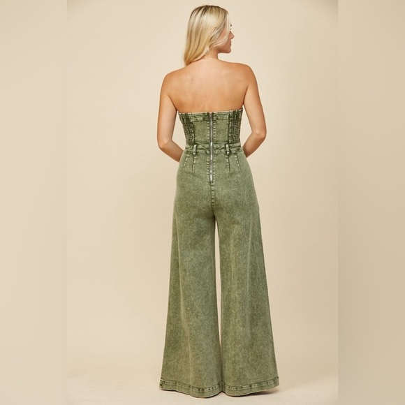 NEW ! BEAUTIFUL ACID OLIVE COLOR TUBE TOP FLARE BOTTOMS DENIM JUMPSUIT - Picture 3 of 5